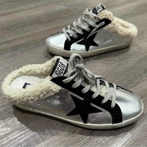 Golden Goose Shoes - Golden Goose Superstar Sabot Silver Black Metallic Suede Shearling Sneakers